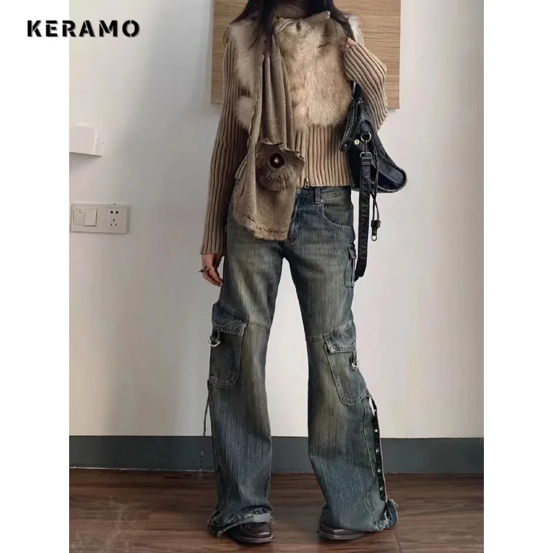 Women\'s Retro Wide Leg Baggy Casual Denim Trouser Harajuku Vintage Solid Color High Waist Loose Jeans 2024 Spring Belted Pants