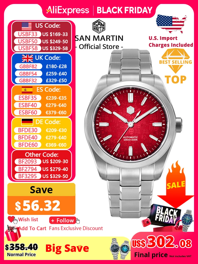 

San Martin 39 мм в китайском стиле 3D "Fu" Hundred Blessings Dial Miyota 9039 Мужские автоматические механические часы оригинальный дизайн SN0144