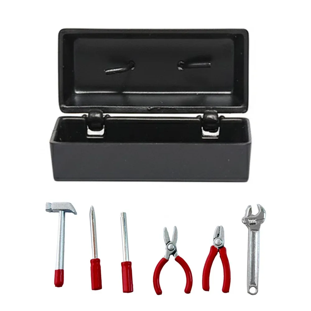 Caixa de ferramentas para casa de bonecas, escala 1:12, multicolorida com caixa de armazenamento, modelo de simulação, alça vermelha, mini ferramentas de reparo