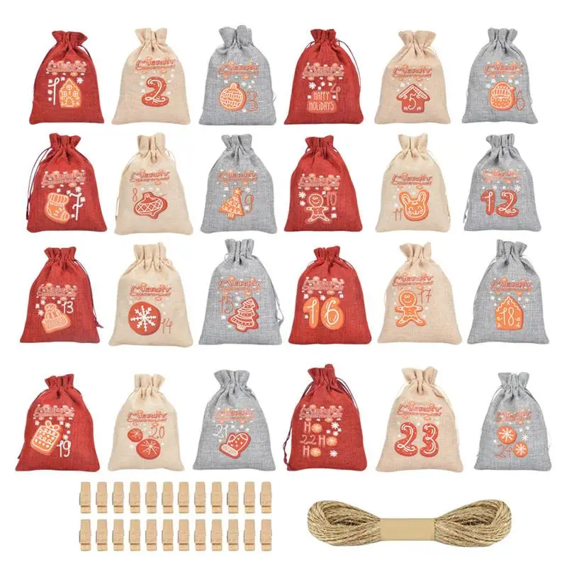 Christmas Advent Calendar Bags 24 Days Countdown Burlap Sacks Countdown Christmas Decorations 24X Drawstring Pouches For Home