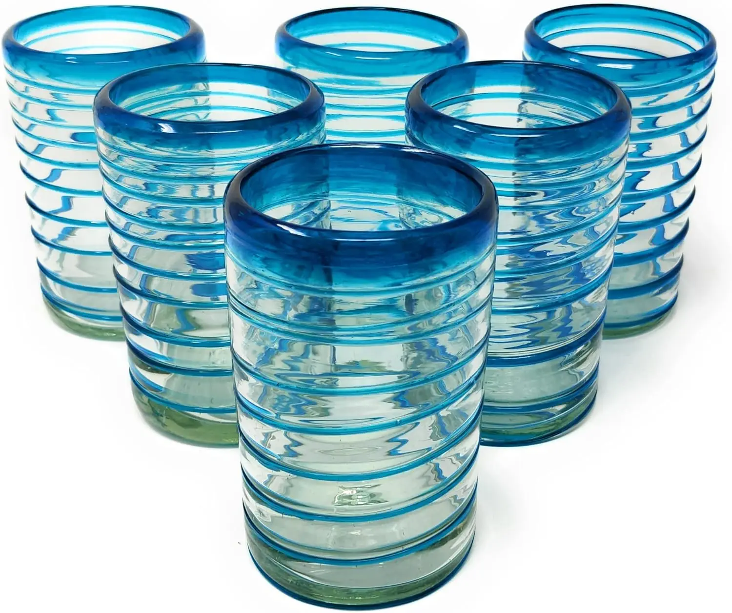 Hand Blown Mexican Drinking Glasses \u2013 Set of 6 Glasses with an Aqua Spiral Design (14 oz each) \u2026