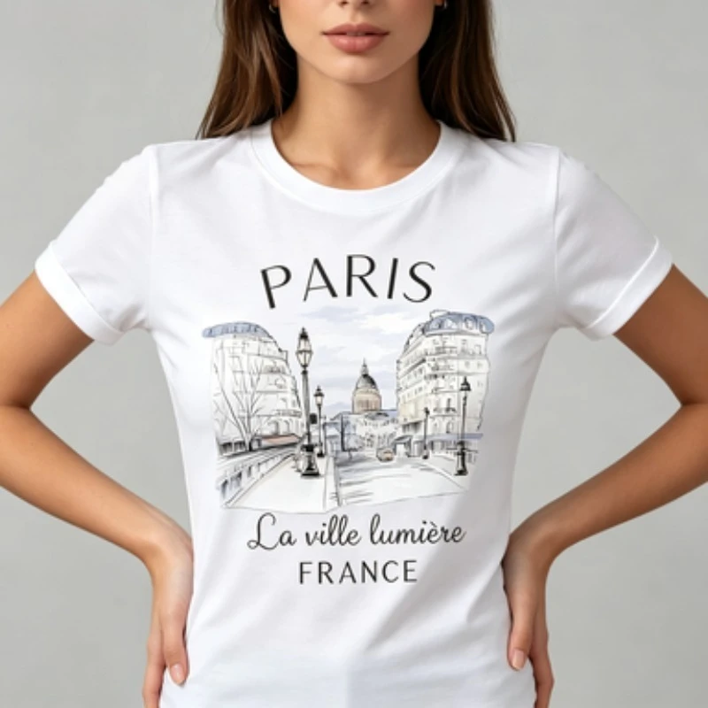 Women Cotton Slim Fit Crew Neck T-Shirt PARIS France La ville lumière City Landscape Graphic Print Casual Short Sleeve Tee