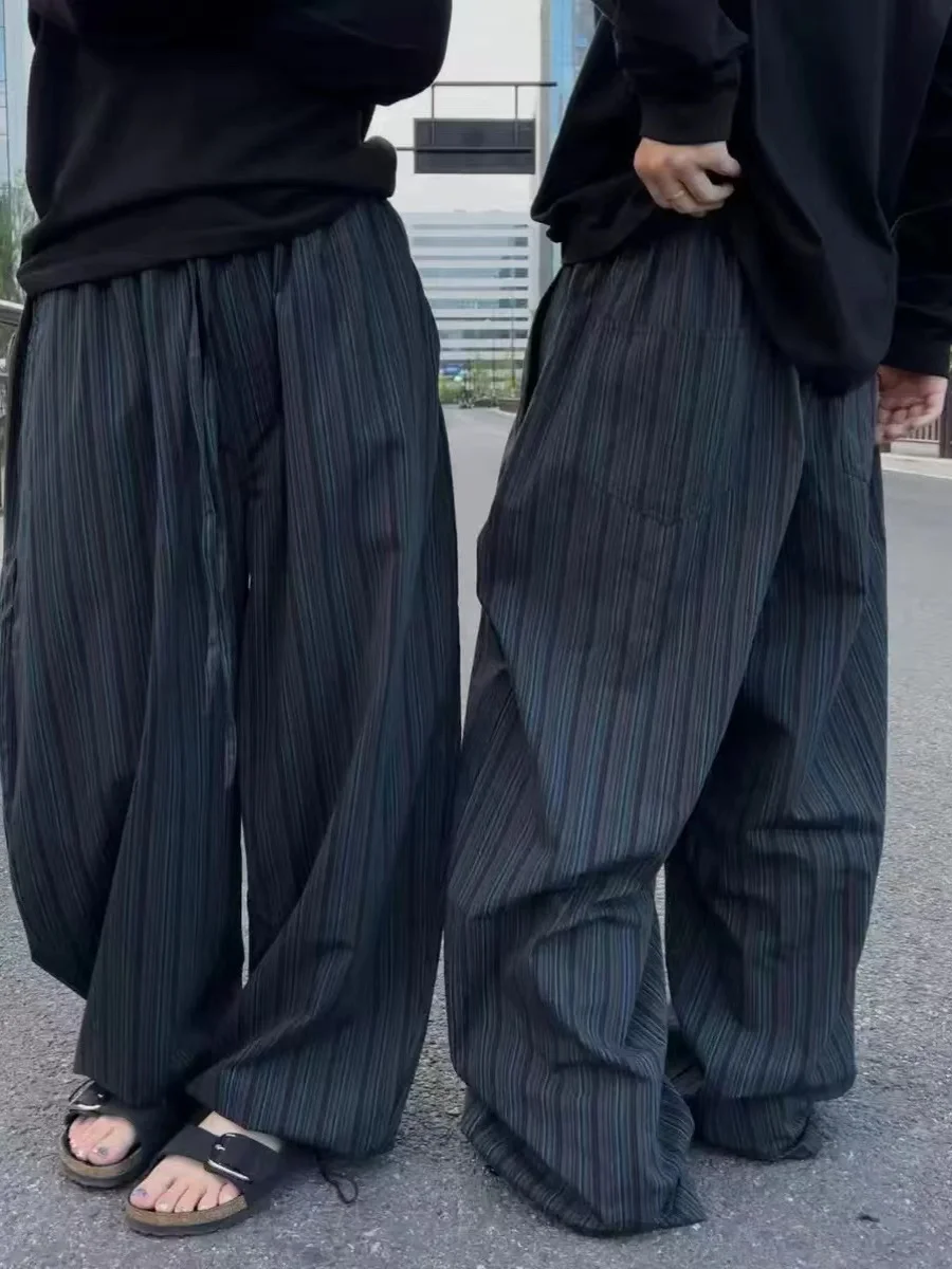 

Западное побережье Oversize Bla Синие Повседневные брюки-бананы в вертикальную полоску Весна Осень Американский ретро-нож длиной до пола Trou...