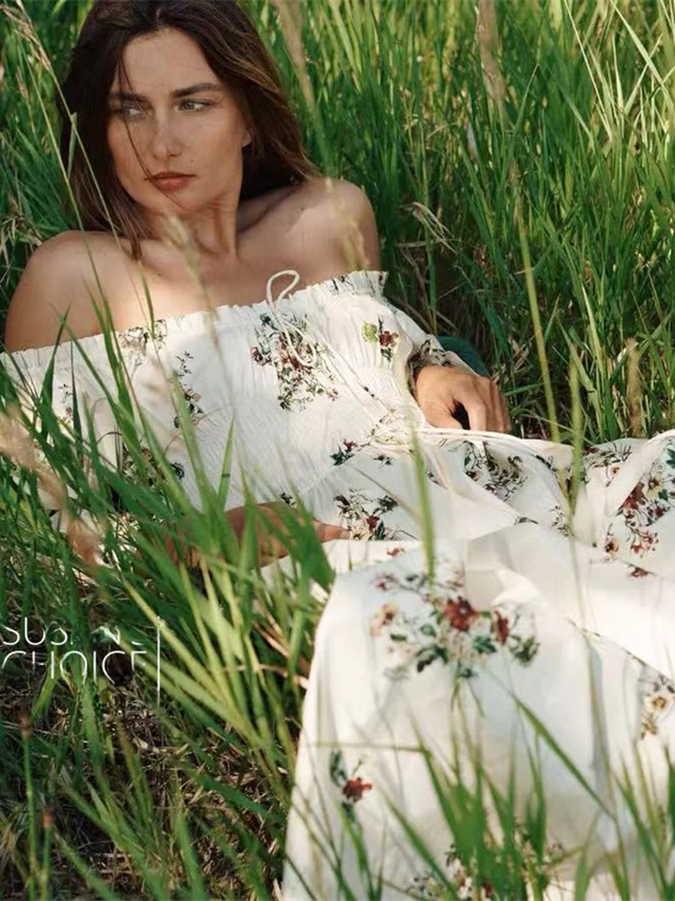 Vestido F de Manga Longa Estilo Campestre Susan, Cintura Elástica, Decote em U, Saia Floral de Conto de Fadas para Cam...