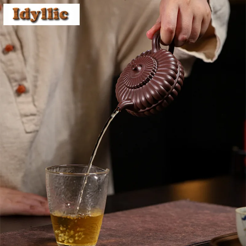 200ml Vintage Yixing Purple Clay Teapots Handmade Rib Pot Raw Ore Purple Mud Kettle With Strainer Zisha Teaset Cafes Accessories