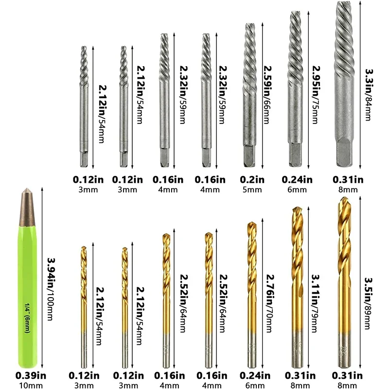 15Pcs Screw Extractor Left Hand Drill Bits Set 37Cr-Mo HSS Steel Cobalt Broken Bolt Removers Stripped Screw Set with Center Punc