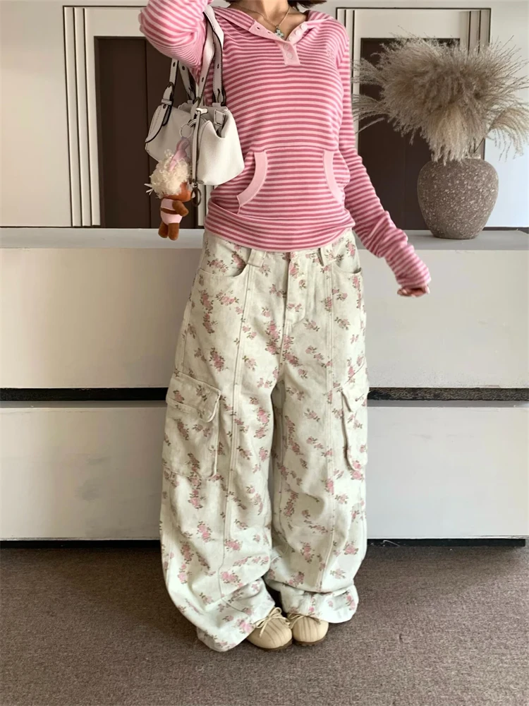 Women's Pink Printed Camouflage Pants Street 90s Streetwear Casual Sweatpants Wide Leg Bottoms Female High Waist Trousers Women