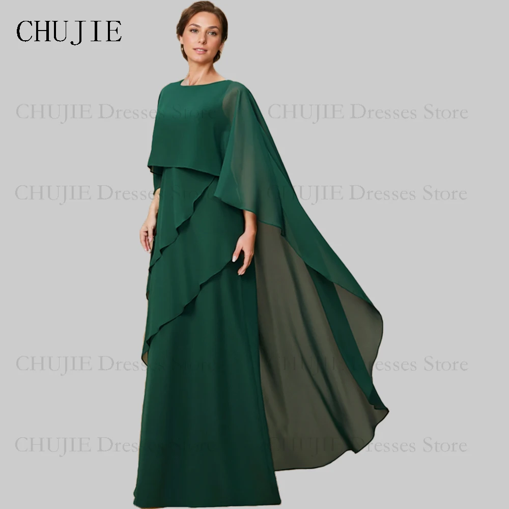 Chiffon Mother of The Bride Dresses For Wedding Scoop Neck Shawl Tiered Floor Length A Line Summer Wedding Guest Dress Gowns