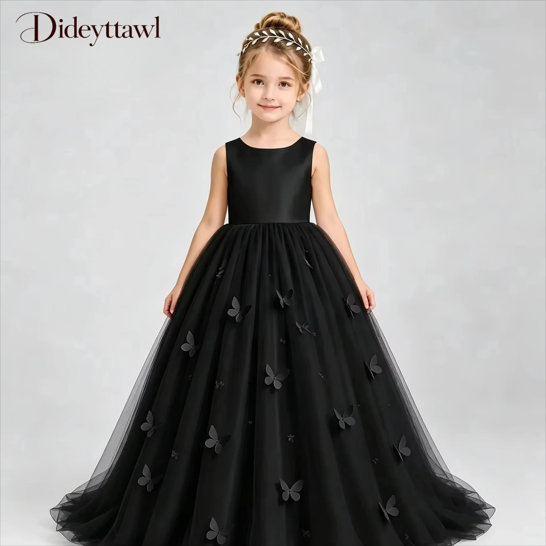 Dideyttawl Sleeveless 3D Butterfly Tulle Flower Girl Dress  Kids Pageant Formal Gown Big Bow Back Long Train Dress