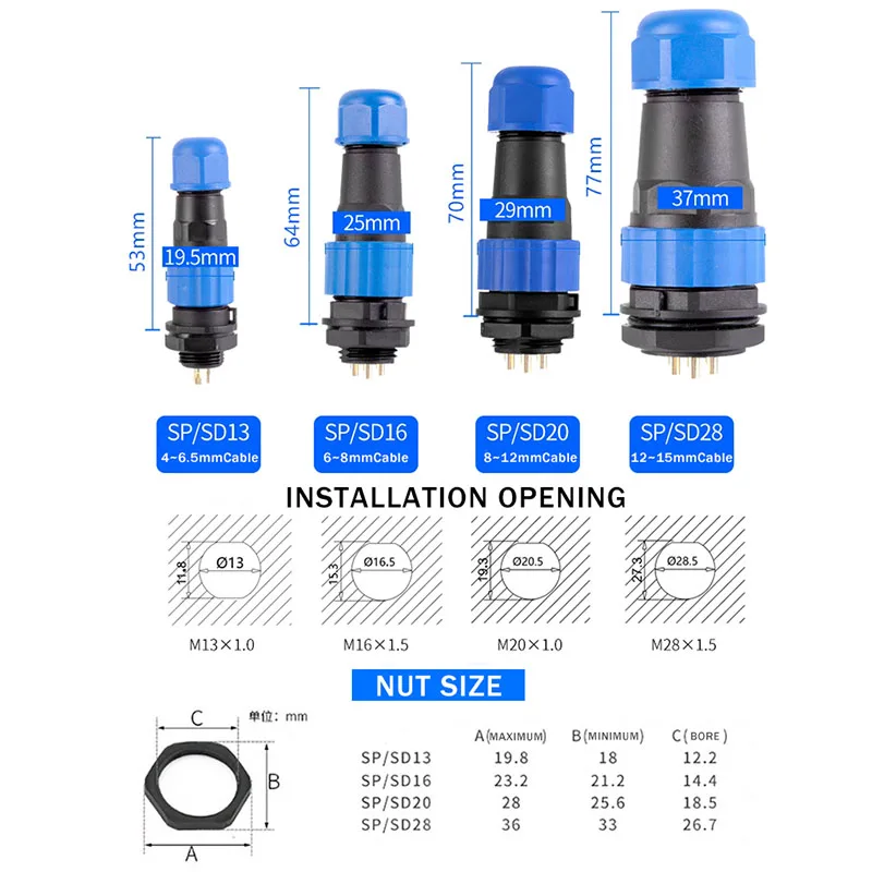 SP13 SP16 SP17 SP20 SP21 Nut Mount Aviation Connectors 2–12 Pin IP68 Waterproof Circular Plug & Socket for LED, Drone,Industrial