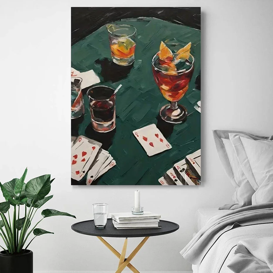 Playing Cards Whisky Cocktail Glass Poster and Prints Canvas Painting Wall Art Picture for Living Room Home Decor Cuadros