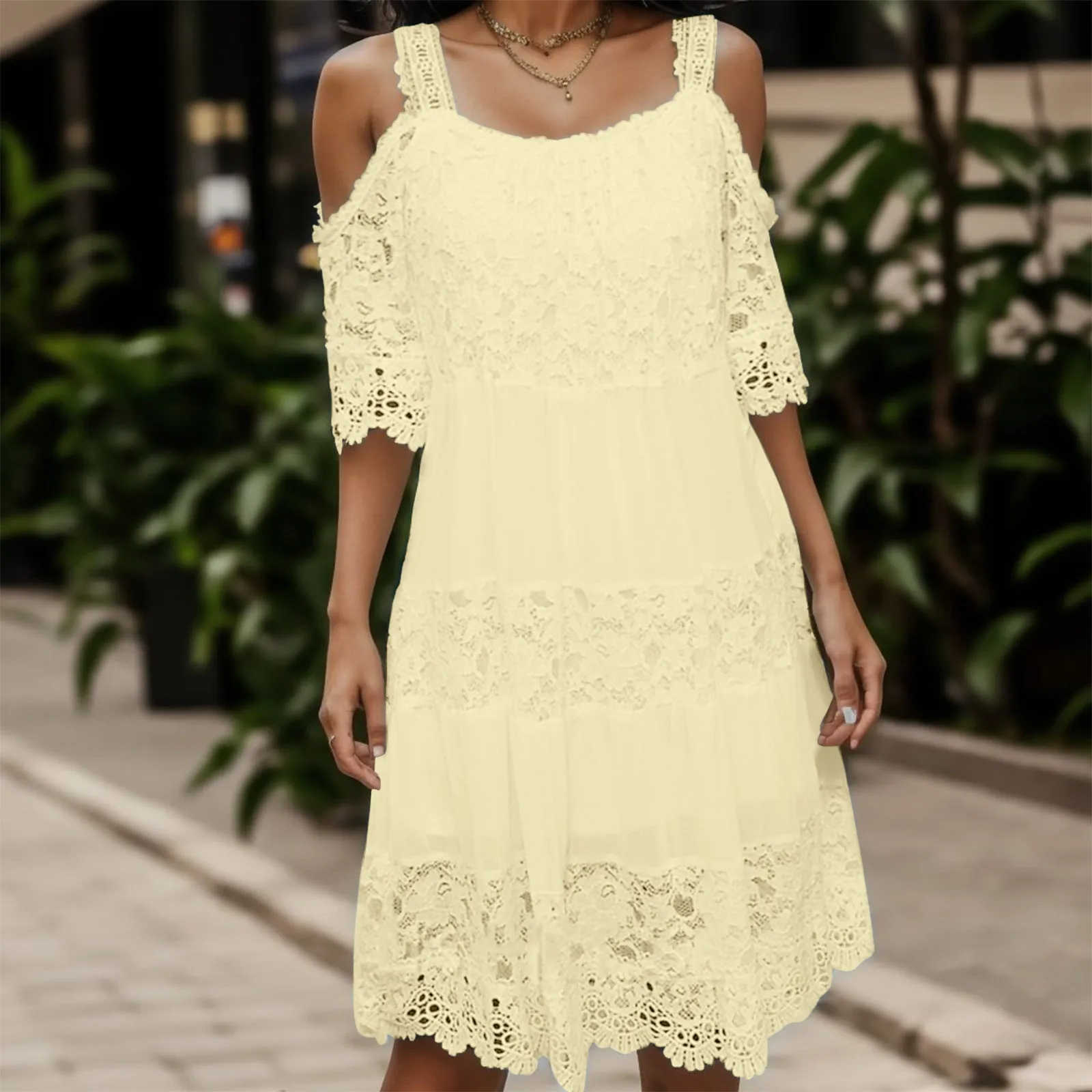 

Boho White Lace Women Spaghetti Strap Dress Sexy Off Shoulder Embroidery Lace Patchwork Dress Half Sleeve Hollow Beach Subdress