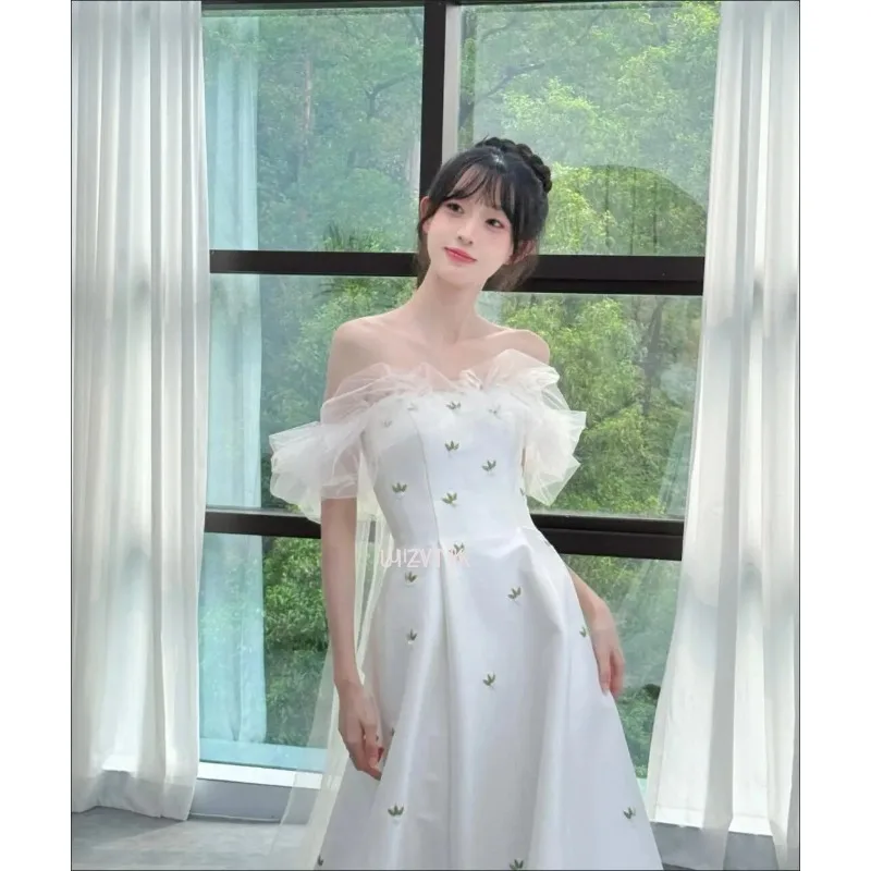 Einfache Korea Hochzeit Party Kleider für Frauen Sweety Weg Von Der Schulter A-linie Fleck Bankett Kleid Abendkleid Vestido De Festa