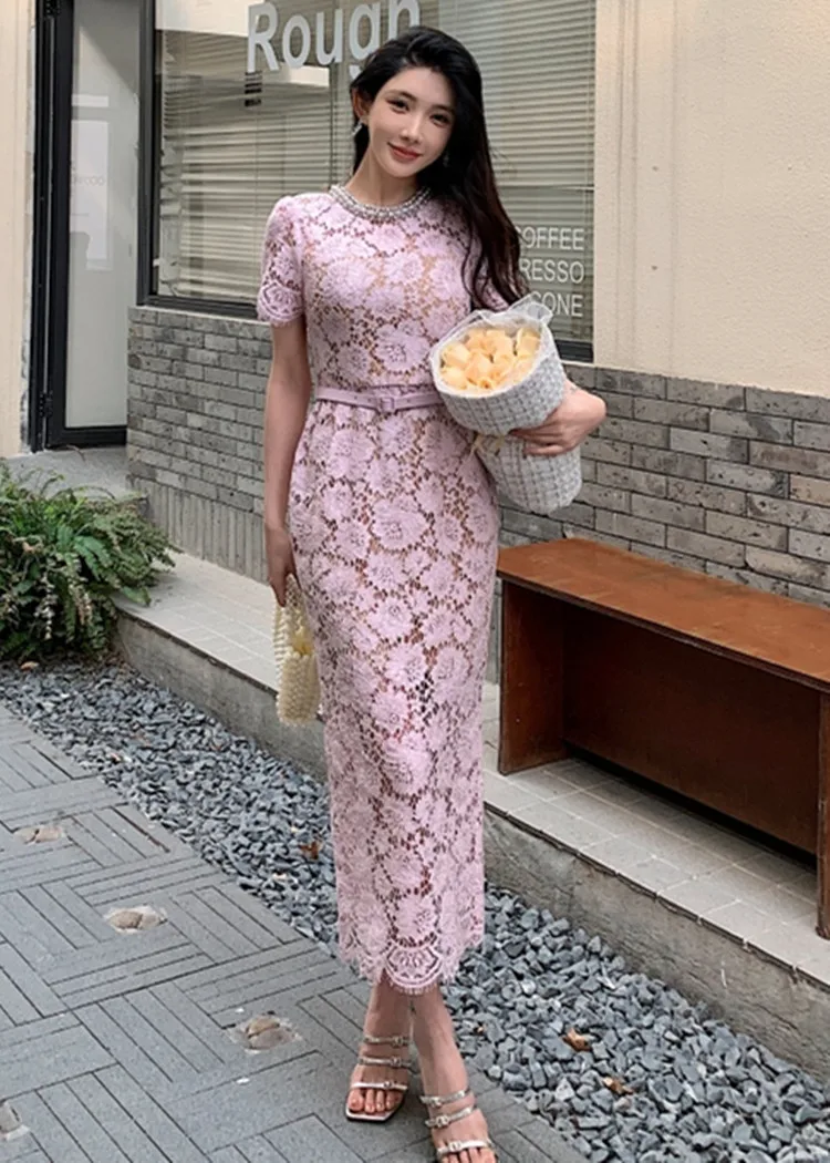 

Solid Pink Hollow Out Slimming Lace Dresses For Women Luxury Crytal Short Sleeve High Waist Temperament Long Dress Female