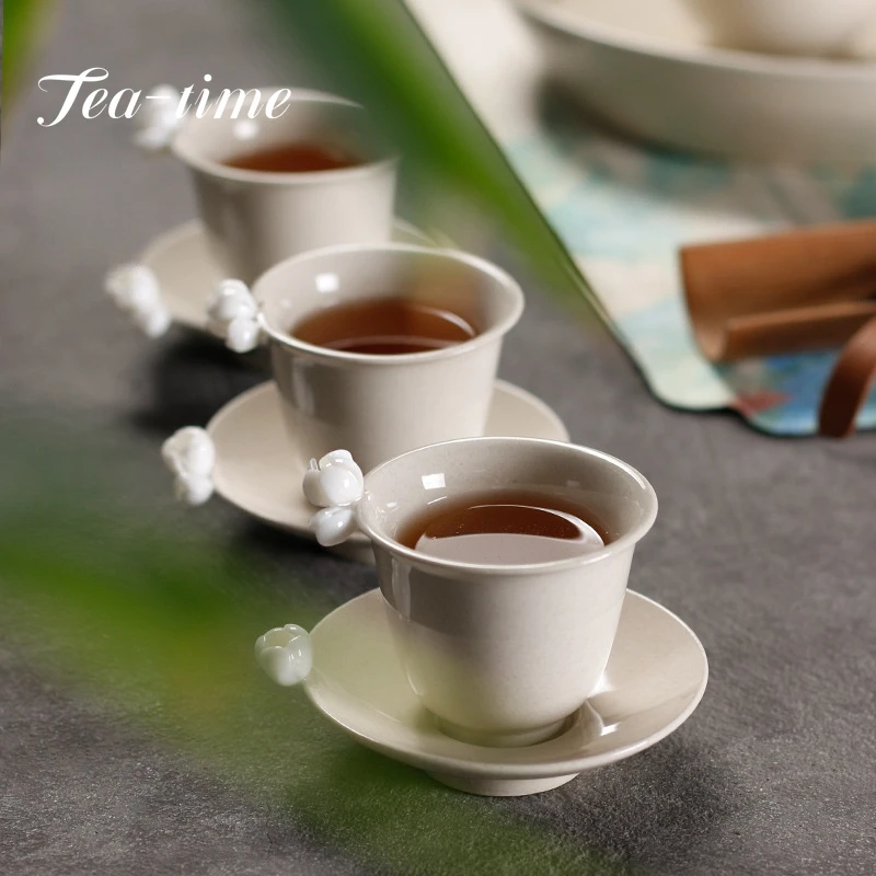 2pc/set 45ml Creative Hand-kneaded Flower art Tea Cup retro Plant Ash Glaze Ceramic Teacup Single Master Cup Kung Fu Teaware Set