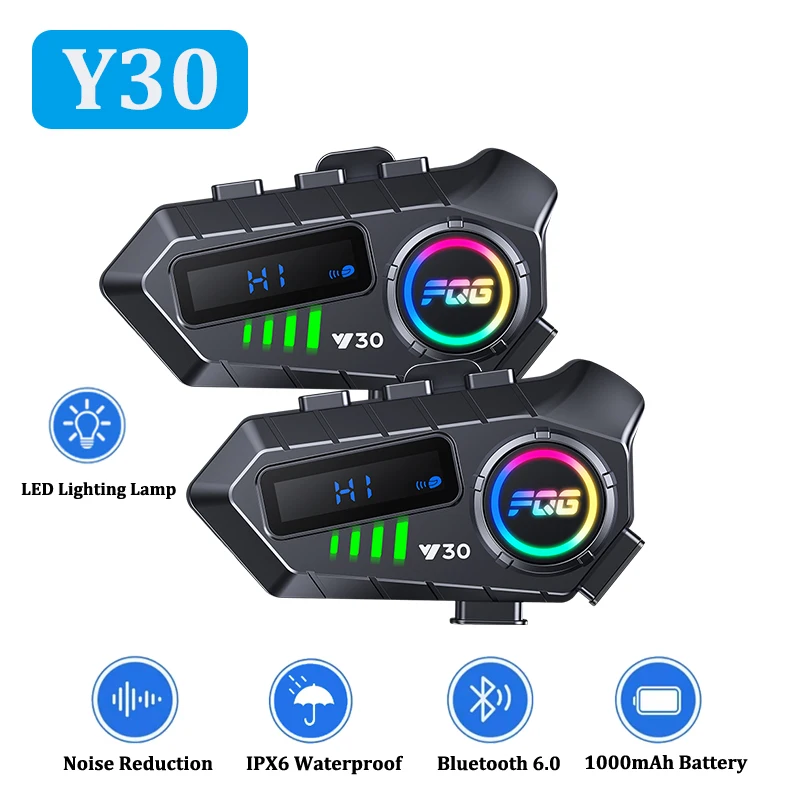 Y30 Motorcycle Helmet Bluetooth Intercom Headset 2-Way Interphone 10M IPX6 Waterproof Noise Reduction Wireless 6.0 LED Display