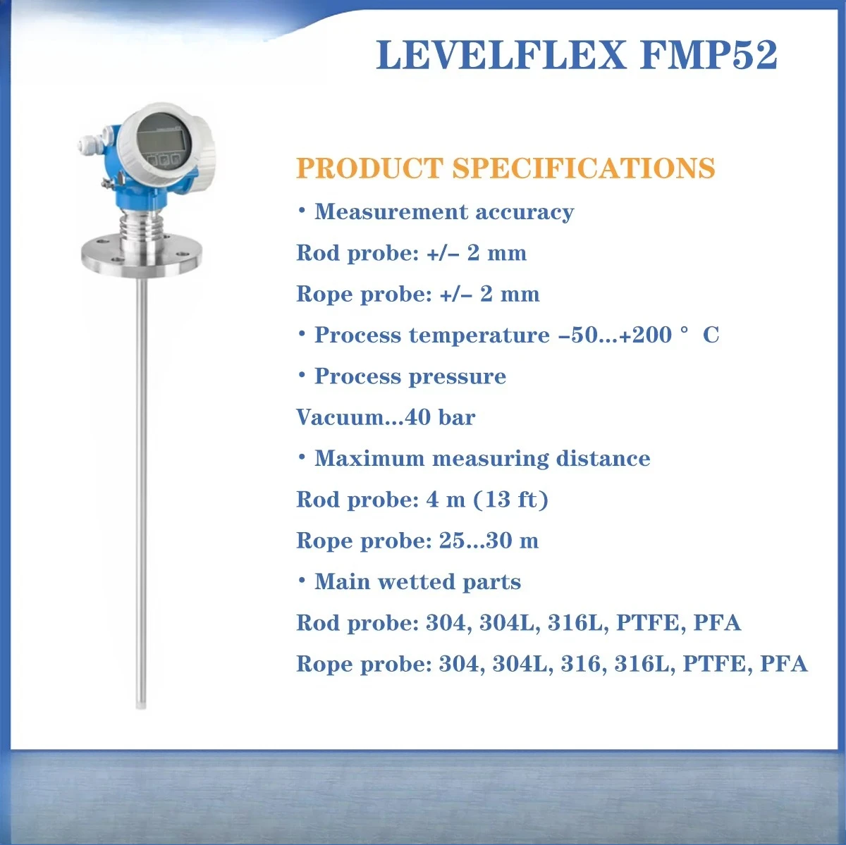 Continuous Distance Measurement Level Sensor Manufacturer Application E+H FMP52 Guided Wave Radar Level Meter