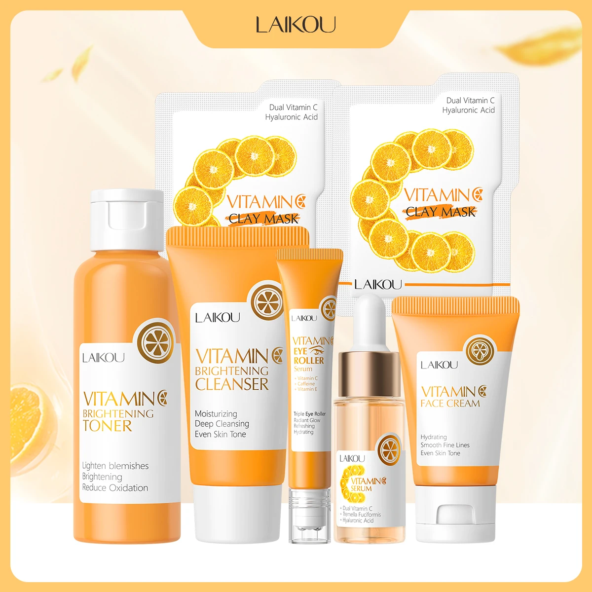 LAIKOU 6Pcs Vitamin C Skin Care Set Cleanser Toner Serum Clay Mask Face Cream Eye Roller Serum Facial Kit