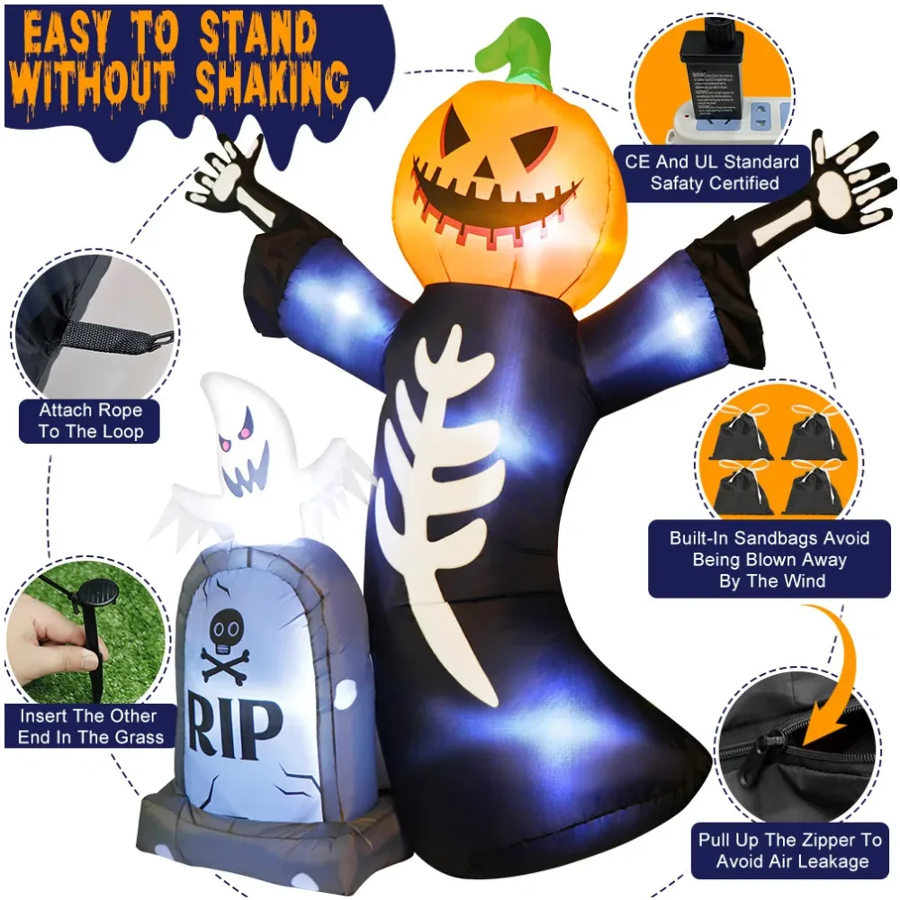 8FT نفخ هالوين شواهد القبور شبح اليقطين الجمجمة الديكور في الهواء الطلق الرعب منزل ساحة حديقة الدعائم هالوين ديكور الحفلات