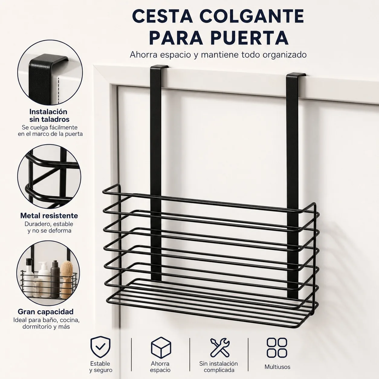 Panier organisateur suspendu en métal pour porte, 25,5x9x32cm, installation sans perçage, finition anti-corrosion, grille de drainage pour salle de bain, cuisine, produits de nettoyage, pots à épices, gain de place