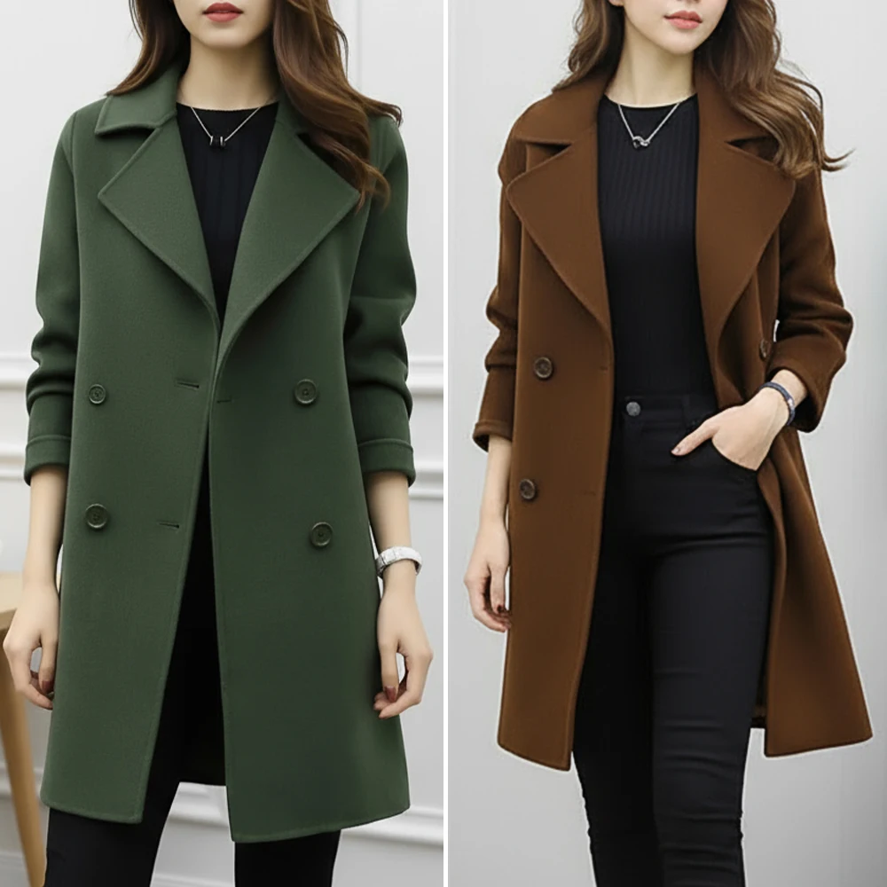 

Женский зимний плащ в стиле милитари зеленого цвета, двубортный дизайн средней длины, элегантный лацкан, длинный рукав, универсальная повседневная одежда