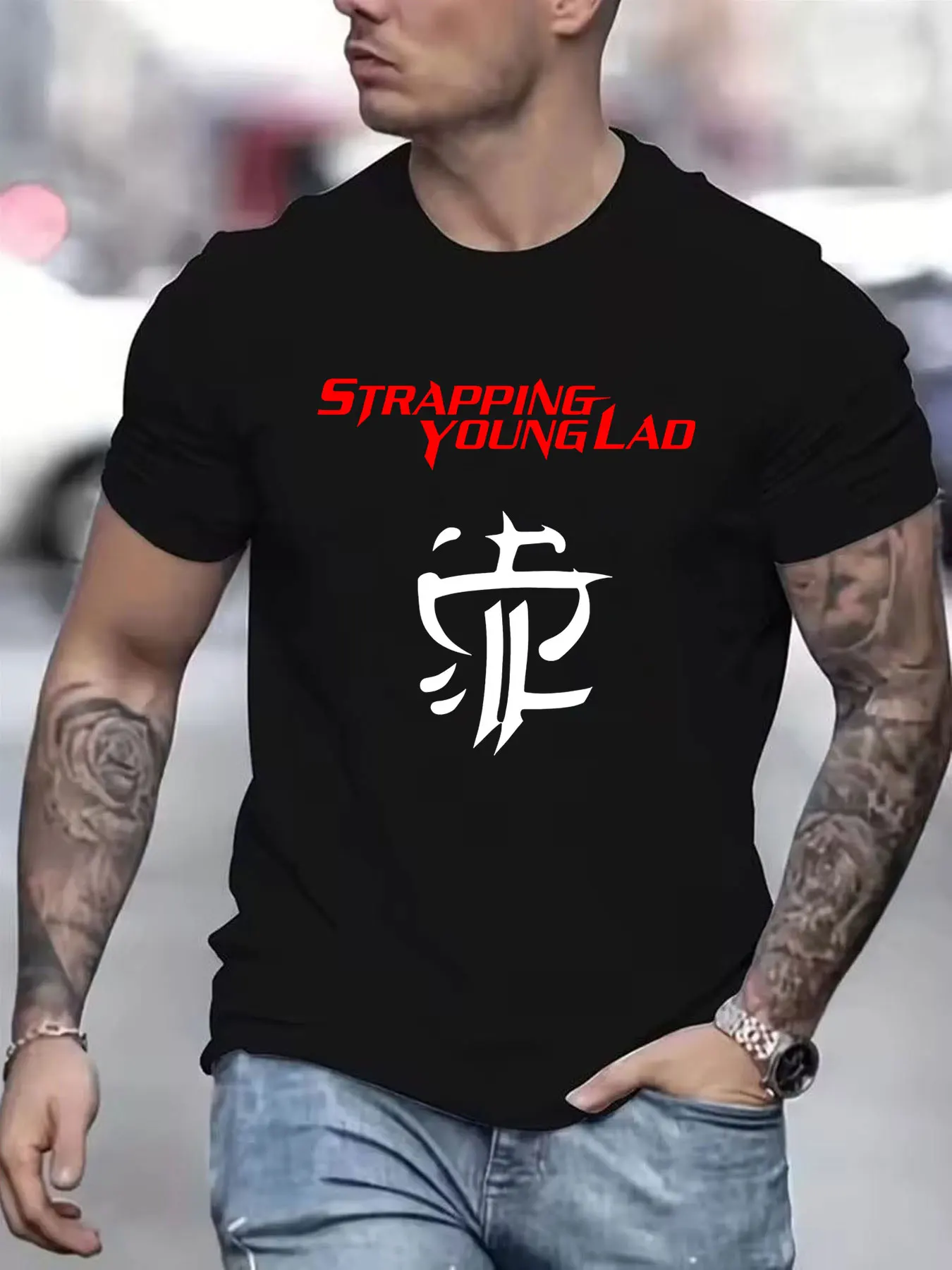 Men's Pure Cotton Strapping Young Lad Graphic T-Shirt, Casual Rock Band Print Short Sleeve Tee for Daily Wear