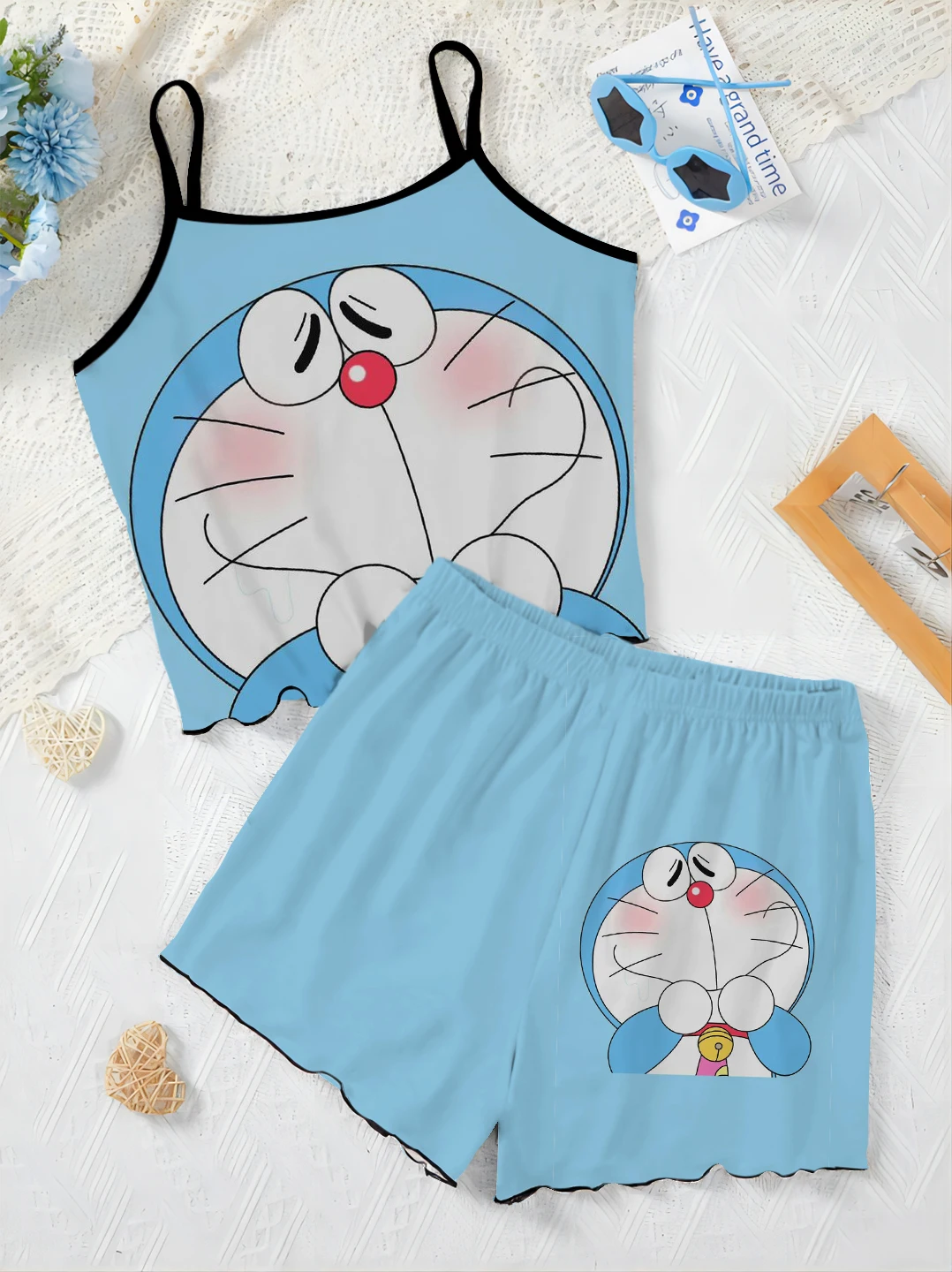 Summer Outfit Satin Surface Short Sets for Women 2 Pieces Doraemon T-shirt Top Women's Suit Home Dress Pajama Skirt Lettuce Trim