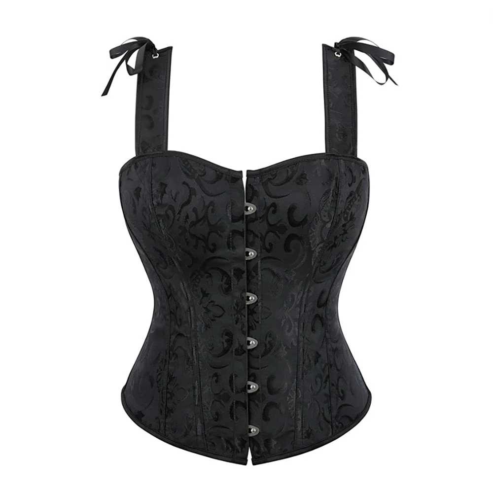 

Black double shoulder Sexy Women Brocade Overbust Corset with Strap Lace Up Bustiers Tops Slimming Victorian Lingerie Steam