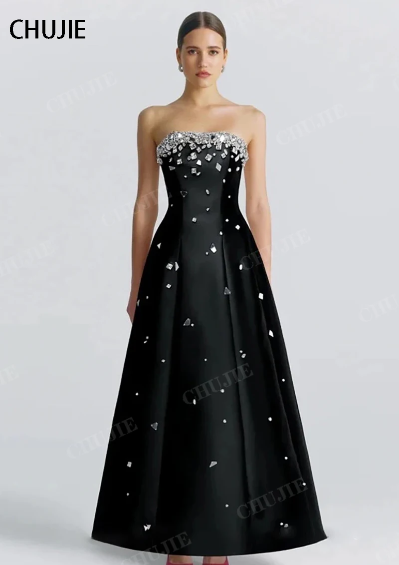 

Crystal Strapless Evening Dresses Ball Gown Sequins Elegant A Line GownProm Dress Woman Party Robe De Soiree فستان سهرة