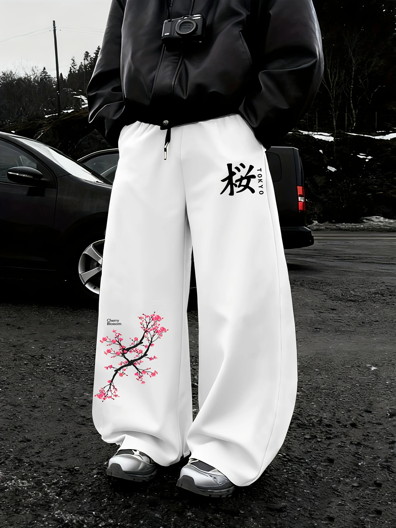 Men's Athletic Pants Featuring A Unique Gothic-style Pink Cherry Blossom Print, with An Elastic Waistband and Drawstring