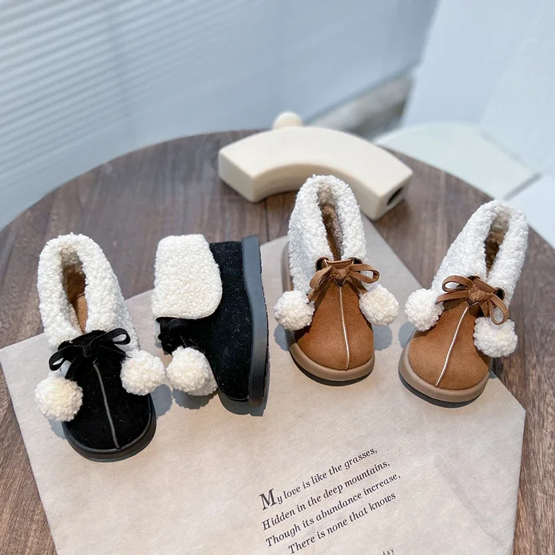 Girls Thick Warm Plush Fur Boots Turned-over Edge Fashion Kids Tassel Ball Cotton Shoes Winter Children Casual Shoes 2023 New