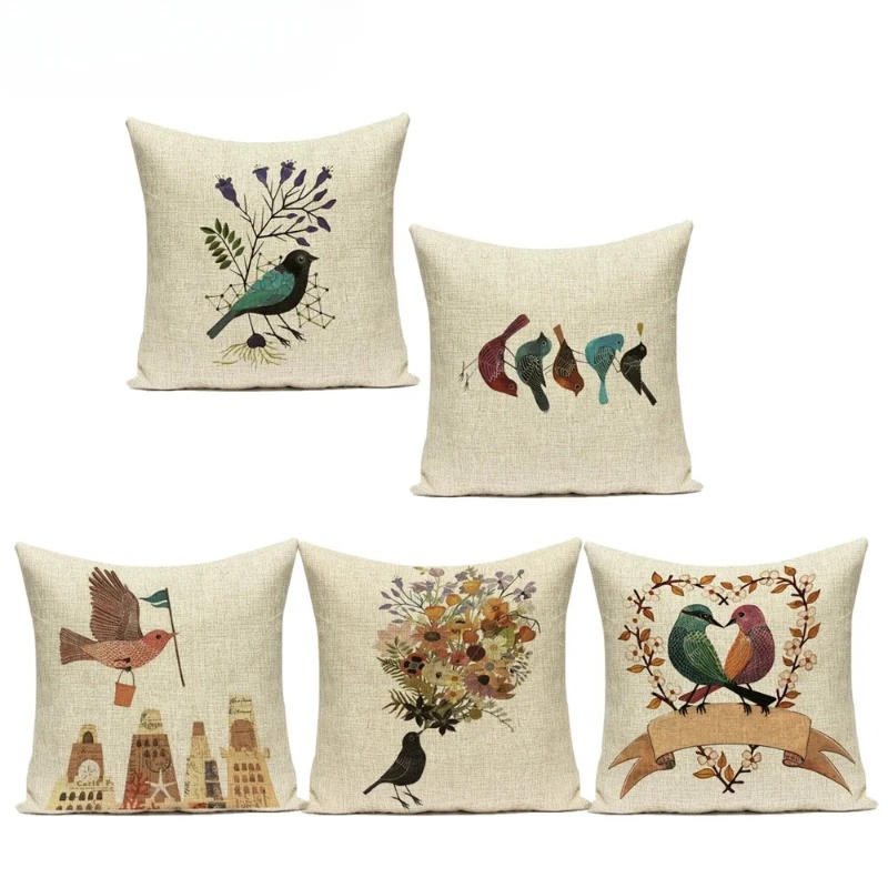 Polyester Cute Cartoon Lovely Animals Decorative Pillows Cover Birds Cushion Cover for Sofa Home Living Room Pillowcase