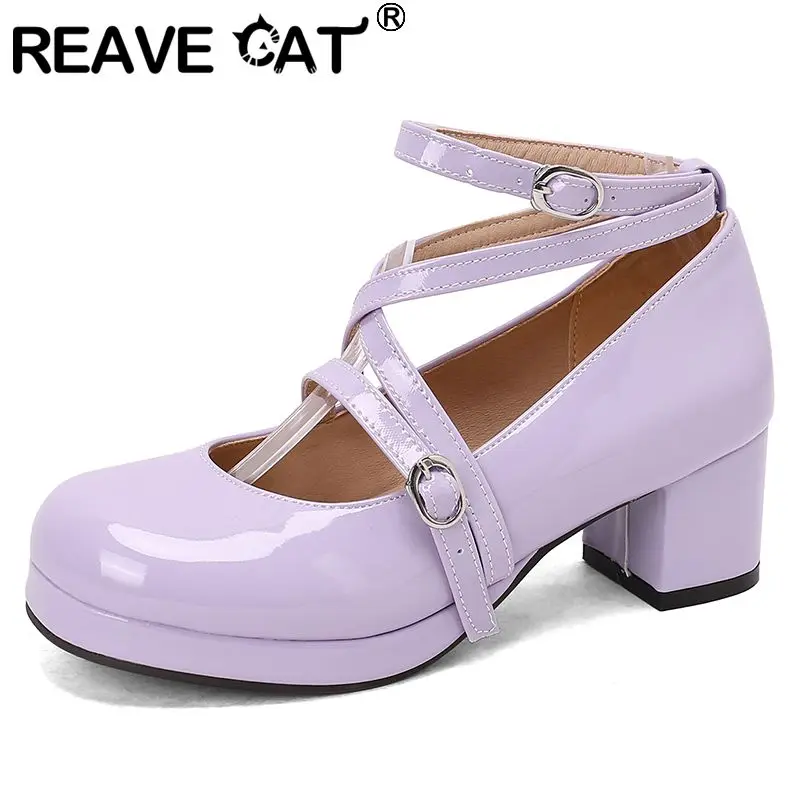

REAVE CAT Lolita Style Sweet Female Pumps Round Toe Block Heels 5cm Platform Buckle Strap Plus Size 48 49 50 Daily Girls Shoes