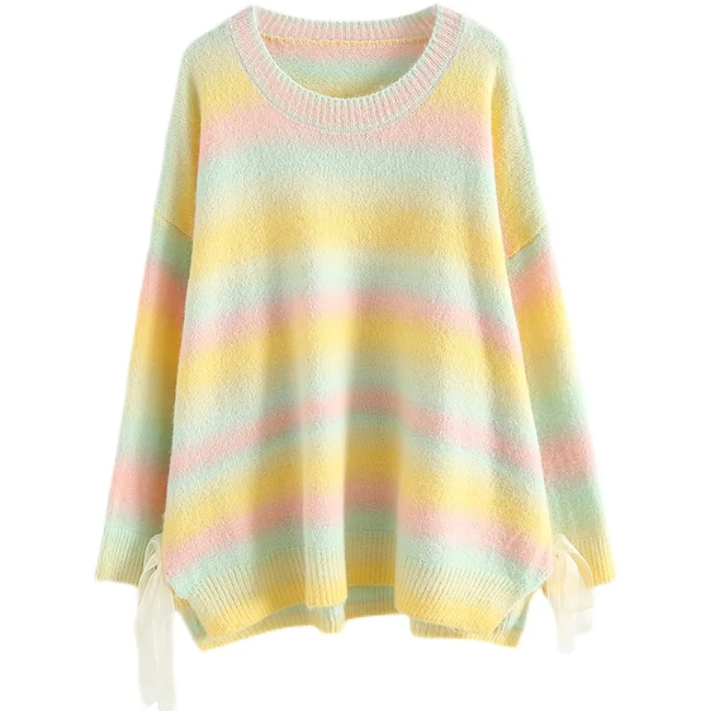 

Dr Box 2024 Autumn New Knot adient Rainbow Knitted Sweater round Ne Loose Women's Pullover Knitwear