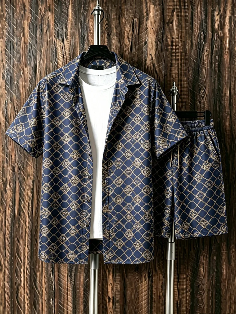 

Men's Short Sleeve Shirt & Shorts Set, Loose Comfort Luxurious Navy Gold Lattice Print Casual Summer Outfit, Elegant & High-end