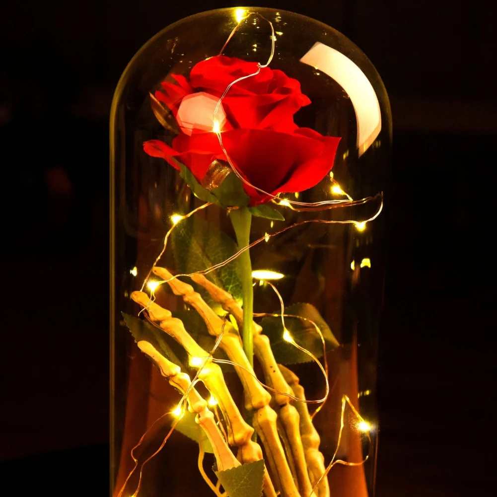 Artificial Rose in Glass Dome with Skull Hand String Light Creative Valentine's Day Decoration Ornament for Home Shelf Bar Party