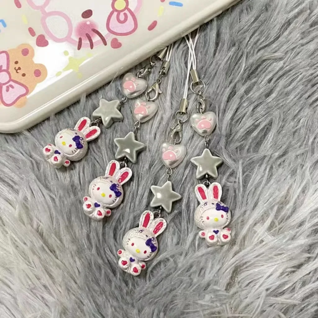 Sanrio HelloKitty Anime Beaded Phone Chain Cute and Versatile Strawberry Head Kitty Pendant Keychain Backpack Decorative Gifts