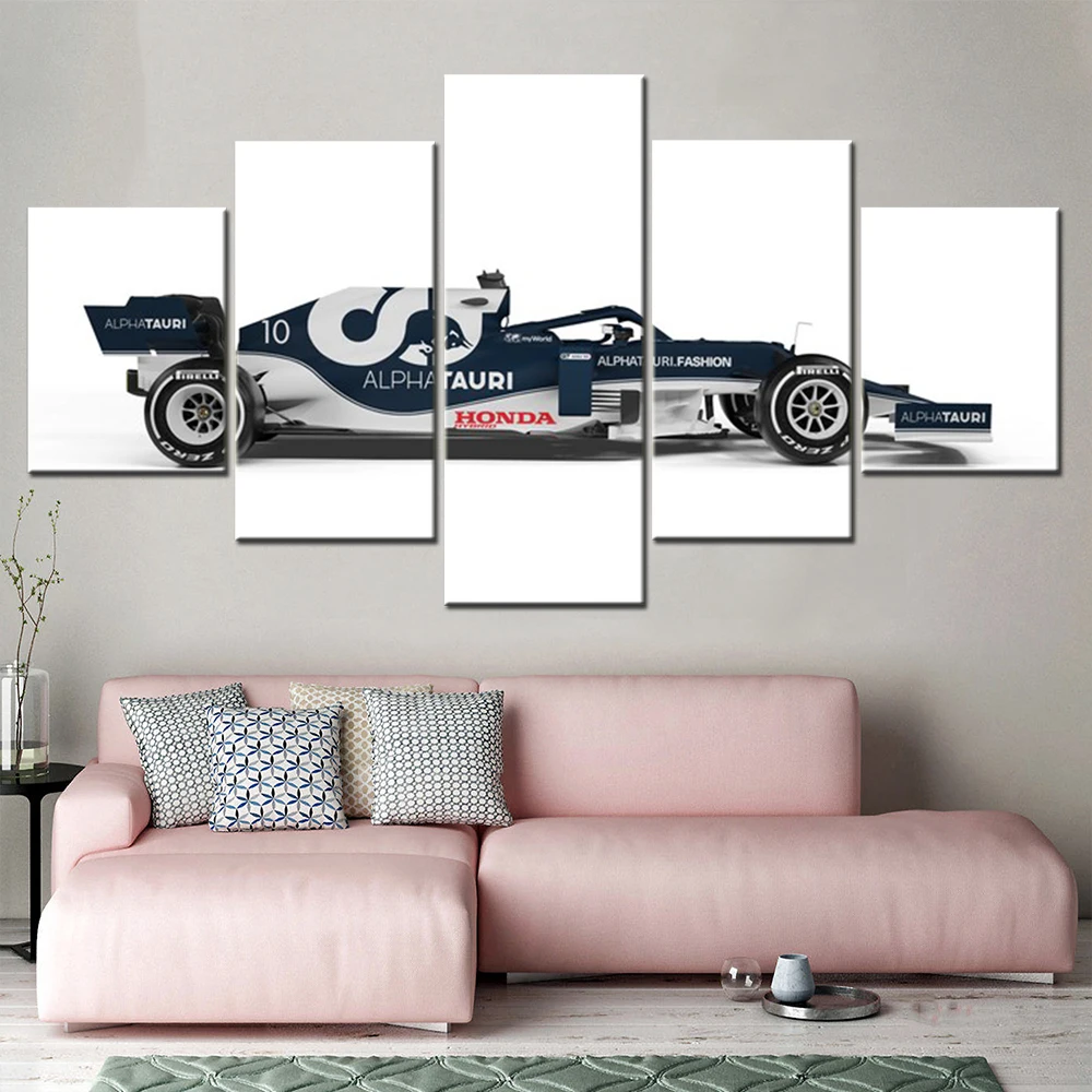 

5 Pieces Canvas Wall Arts Poster Painting Blue Car Formula 1 Race Vehicle Wallpaper Picture Print For Living Room Interior Mural