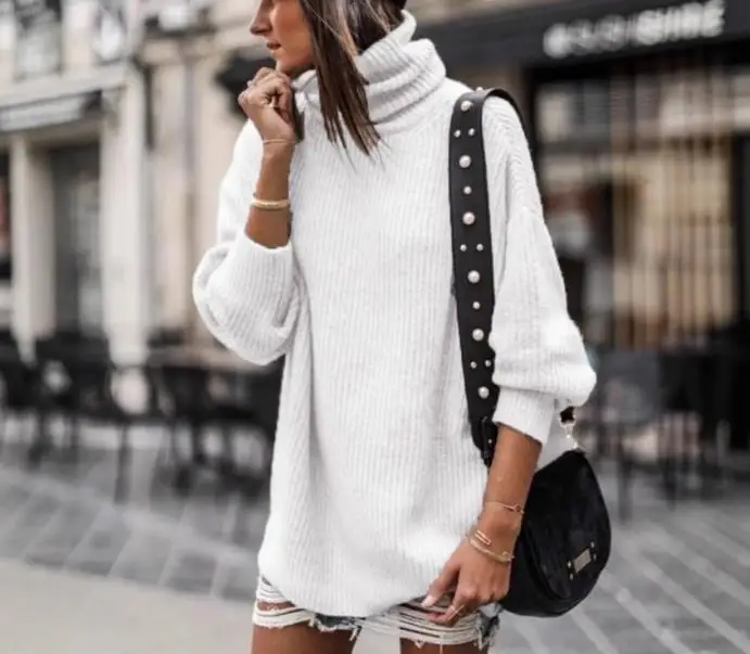 

Женский свитер 2025 г., свободный вязаный пуловер с высоким воротом, платье-свитер, осеннее и зимнее однотонное женское пальто с длинными рукавами