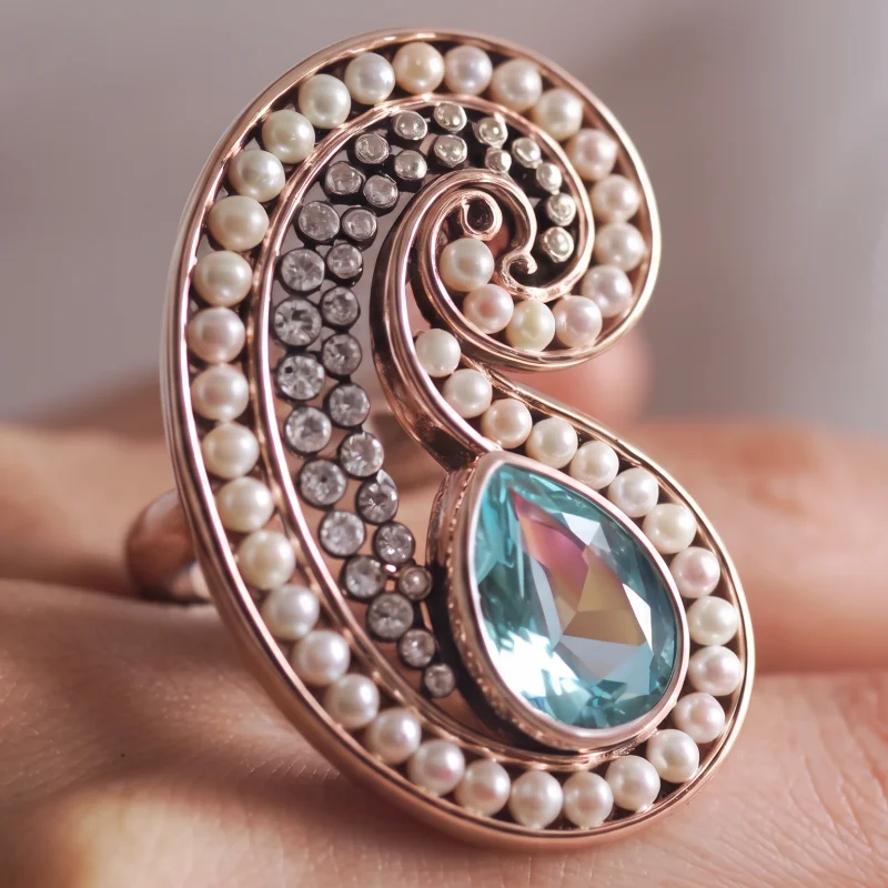 Women's Luxury Elegant Blue Synthetic Zirconia Sea Wave Delicate Ring Gorgeous Charm Banquet Festival Handmade Jewelry Accessory