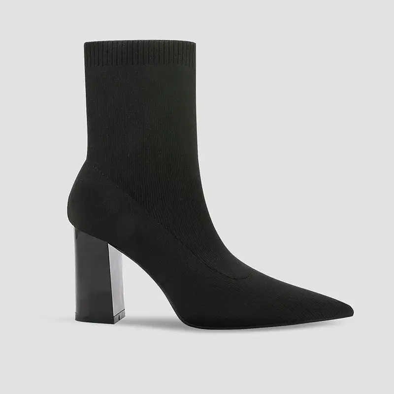 Size 33-41 Short Boots Knitted Spring And Autumn Black Socks Boots Chunky High Heel Shoes Stretch Thin Boots For Women