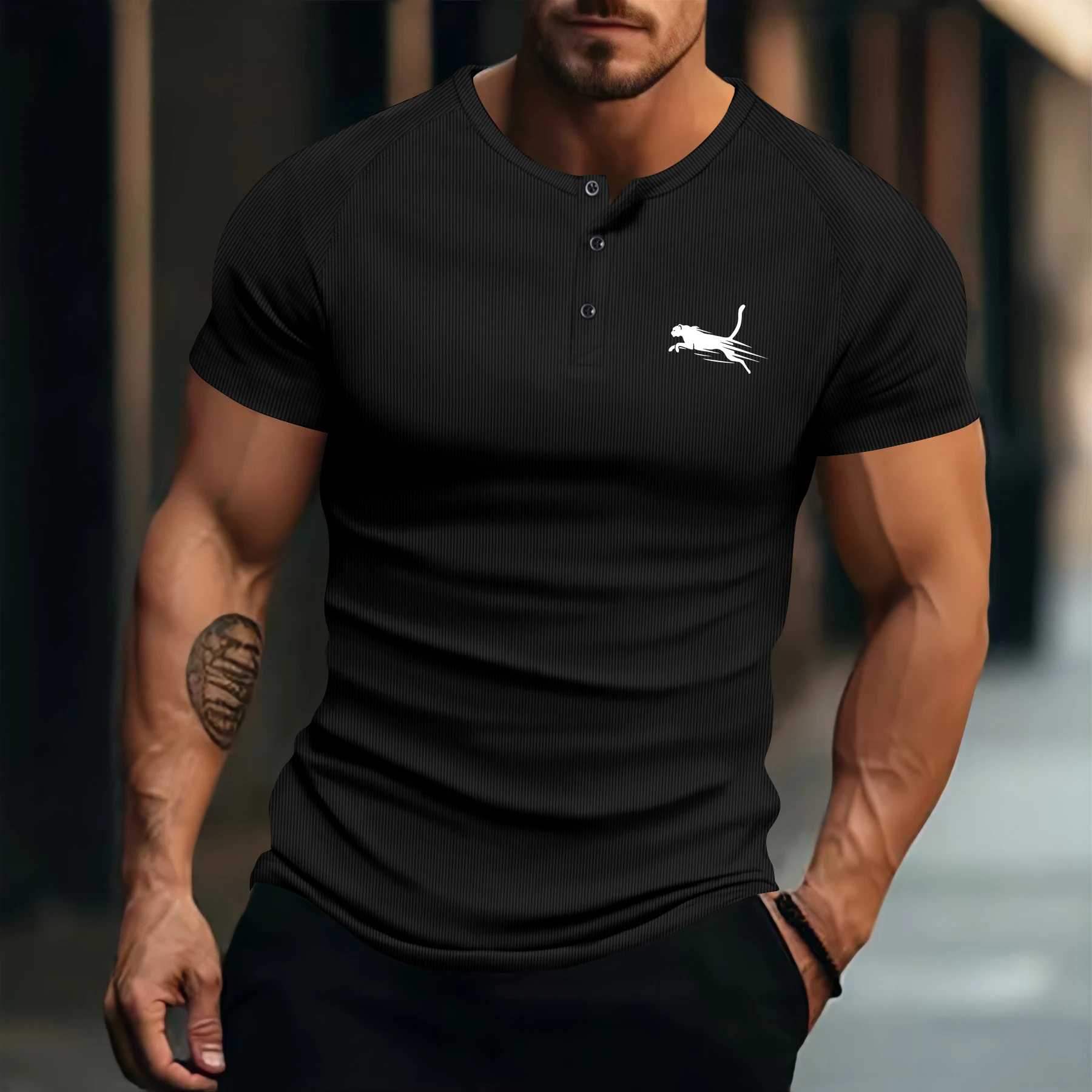 Męska koszulka polo w jednolitym kolorze z guzikami i okrągłym kołnierzem z nadrukiem, nowy letni styl 2025, moda, casual, sport.