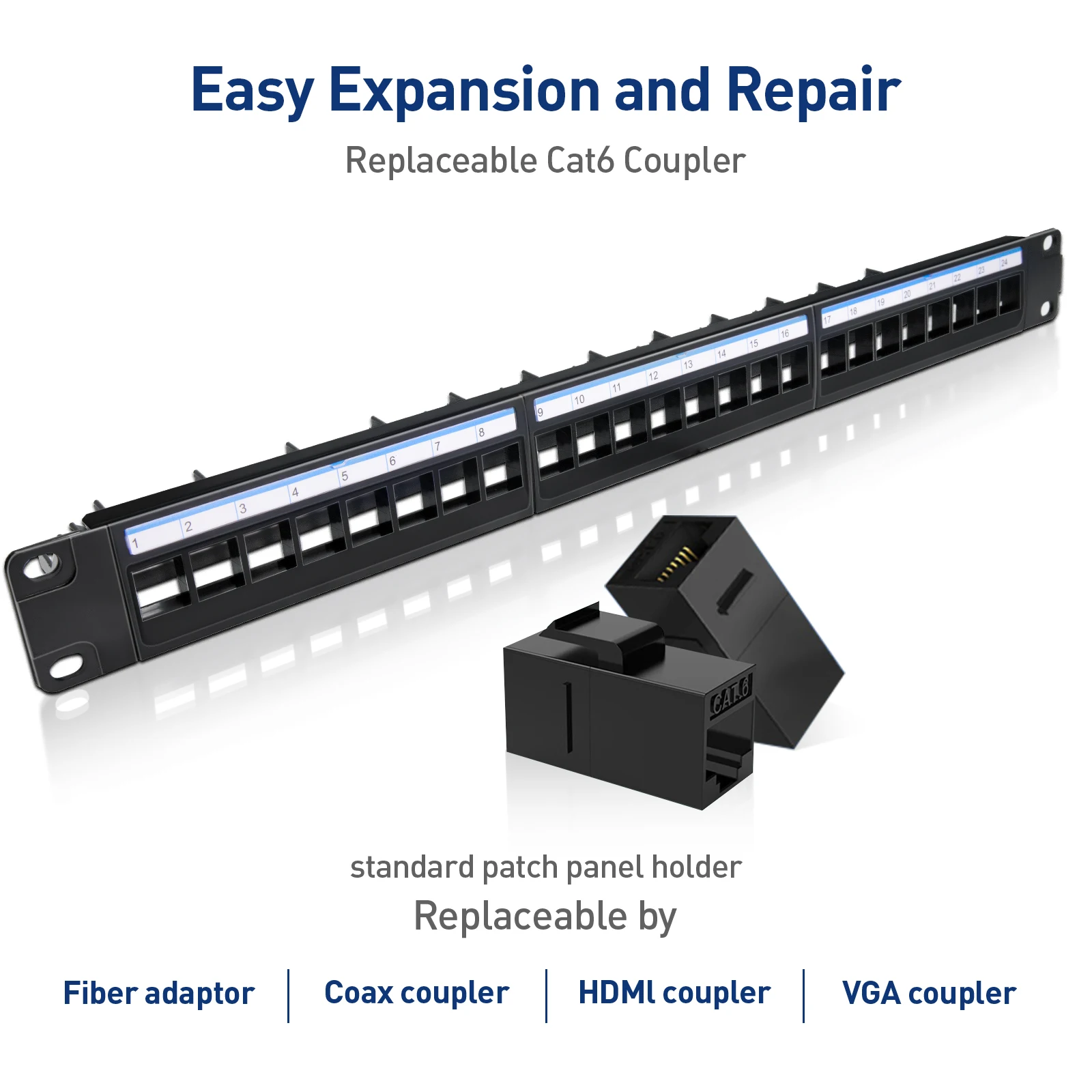 ZoeRax 24-Port Unshielded Patch Panel with Cat6 Couple rwith Adjustable Rear Cable Management Bar 19-Inch/1U Network Patch Panel