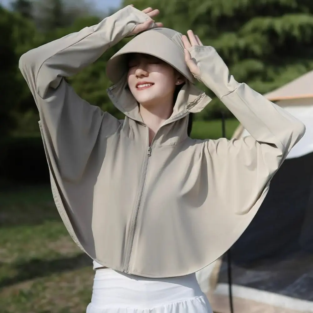 

Solid Color Sunscreen Hoodie Long Sleeve Large Brim Hat Summer Sunscreen Shawl With Mask Veil UV Protection