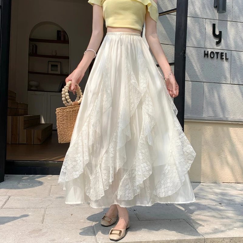 Irregular Lace Half Skirt Women's New Style Cake Skirt Flounce Insert Wave Skirt High Waist A-Line Loose Fit Breathable Skin-...