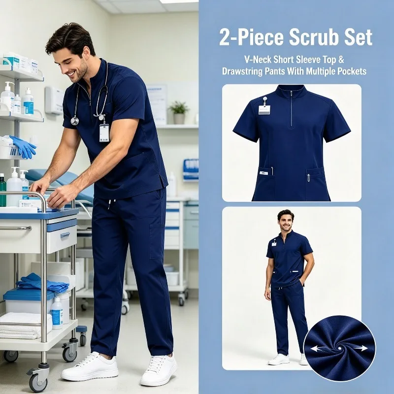 Two Piece Male and Female Nurse Doctor Uniform Frosted Stand Collar Frosted Set Clinic Staff Multi Pocket Functional Suit