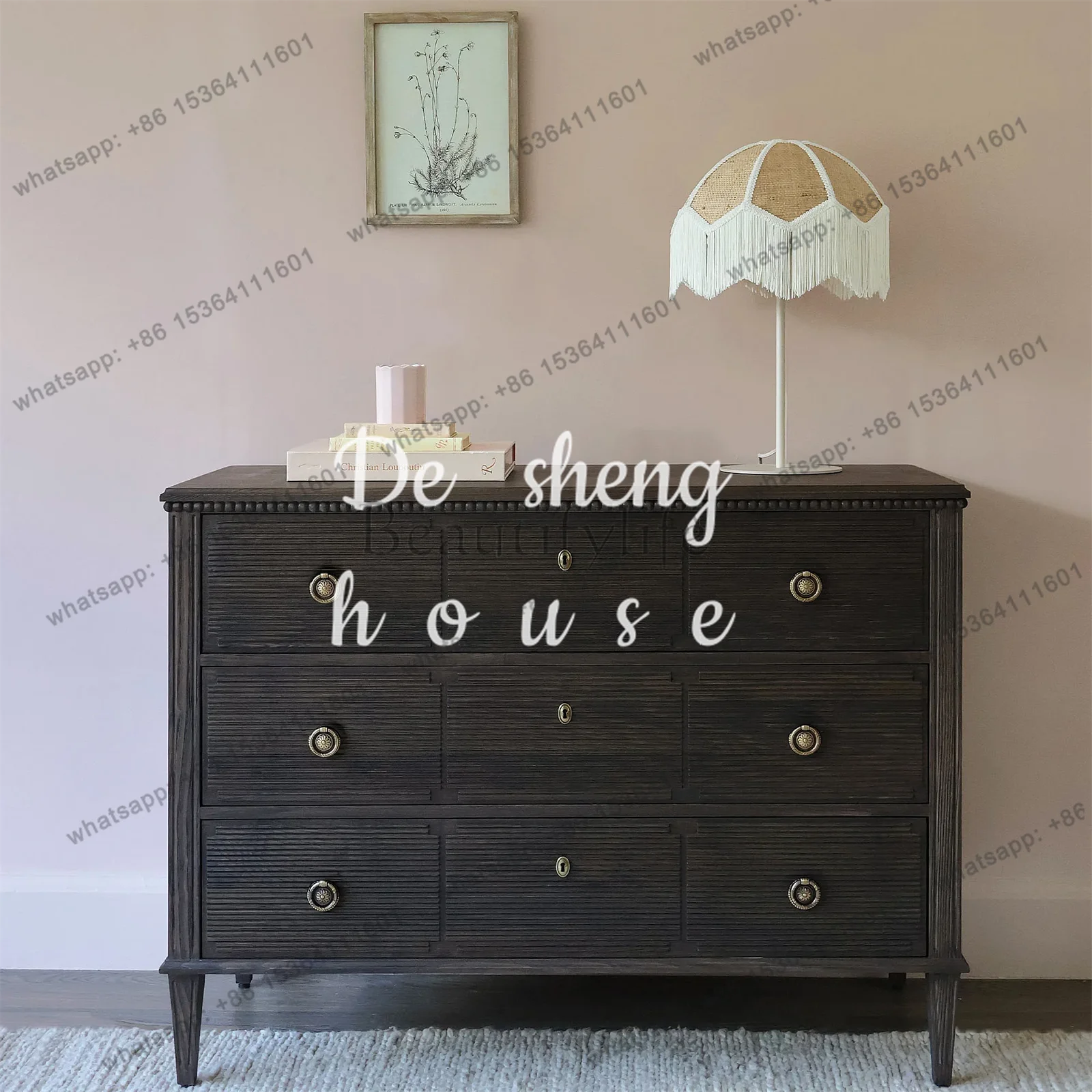 Solid wood three-bucket cabinet hand-carved bedroom drawer storage side cabinet dresser