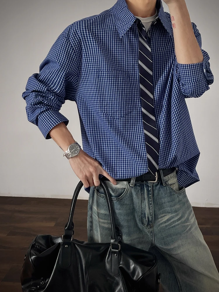 

Blue Plaid Long Sve Men's irt with Tie Patchwork Design Stand Fit Casual Sle Autumn Faion Classic Youth