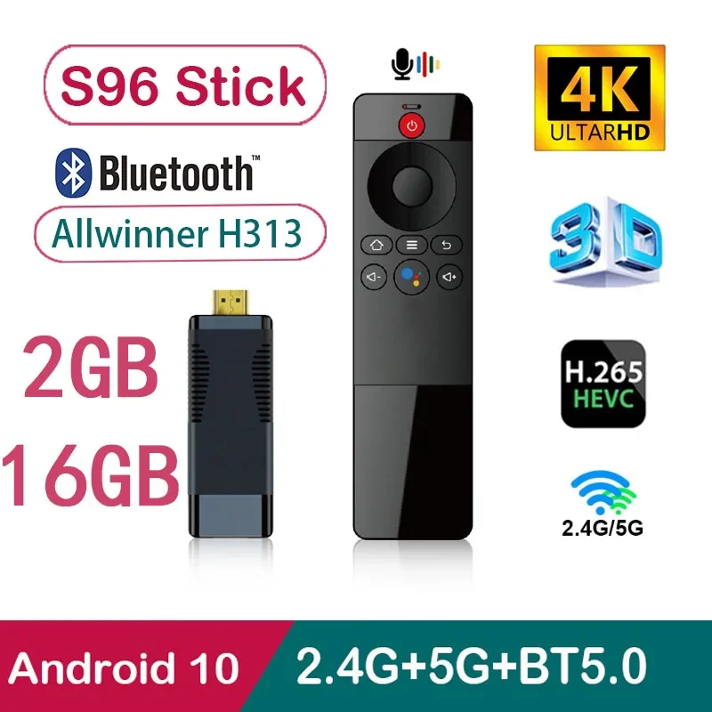 

S96 Smart Tv Stick Android 10 Allwinner H313 4G 5G WIFi voice remote control BT 5.0 UHD 4K 3D H.265 2GB 16GB tv box iptv