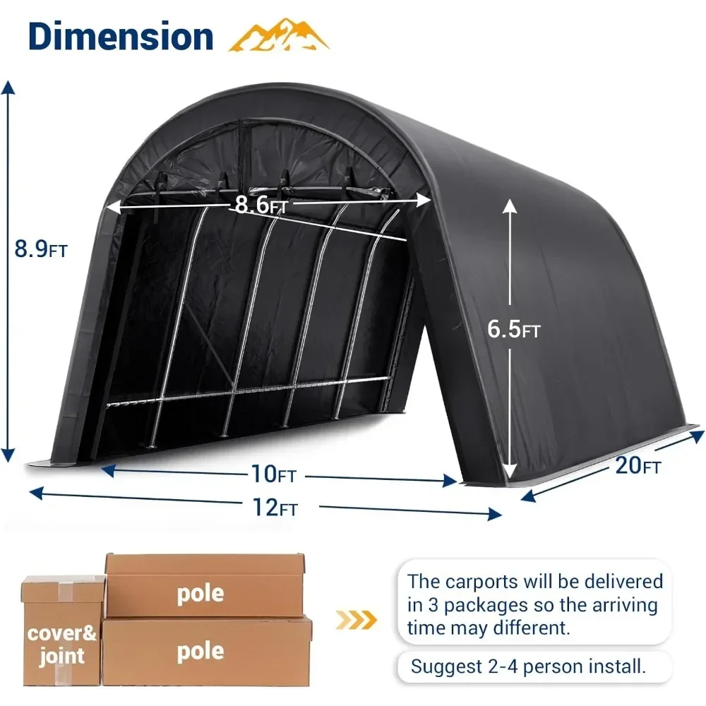 Mobil tugas berat 12x20 kaki, garasi portabel gaya bulat tahan air anti-salju, kanopi penyimpanan, gudang pintu & penyimpanan luar ruangan